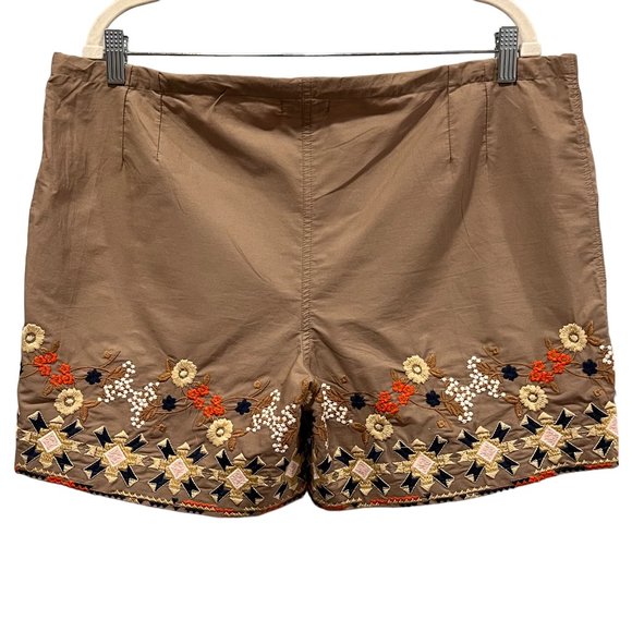 Tolani Women's Embroidered 'Gem Shorts', Zip Tie Waist, Pockets, Cotton, Tan, L - Picture 2 of 7